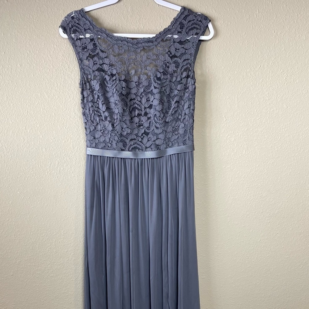 David's Bridal Long Bridesmaid‎ Dress with Lace Bodice pewter, sz 2, F19328